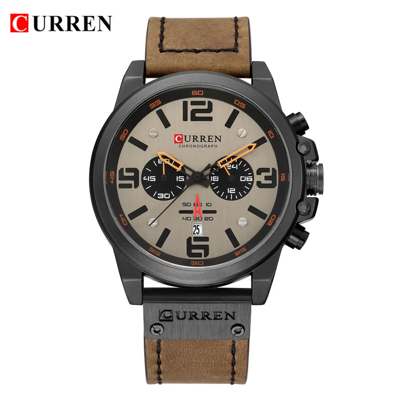 CURREN-Relógio de quartzo de couro genuíno impermeável masculino, relógio de pulso, cronógrafo, militar, esporte, marca de luxo