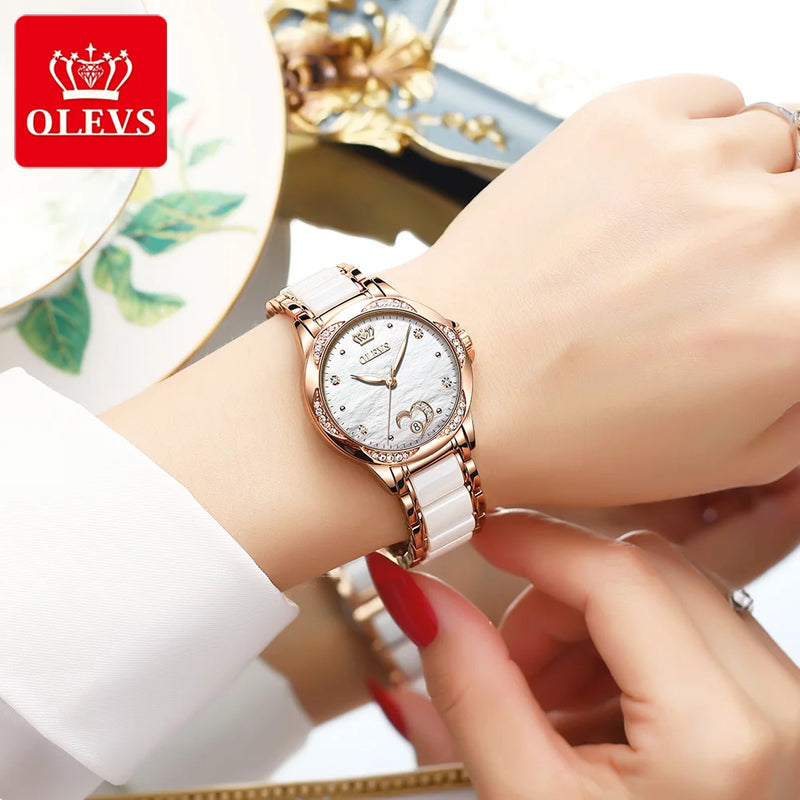 New Fashion OLEVS Luxury Brand Women Mechanical Watch Ceramics Watch Strap Automatic Mechanical Watches for Women Gift for Women