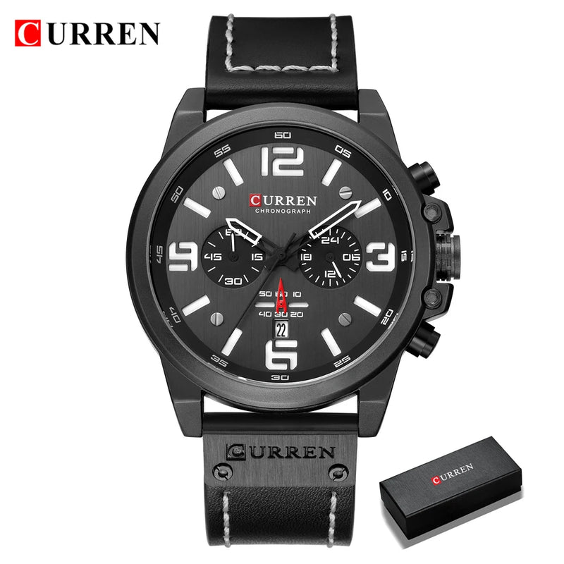 CURREN-Relógio de quartzo de couro genuíno impermeável masculino, relógio de pulso, cronógrafo, militar, esporte, marca de luxo