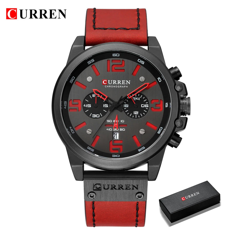 CURREN-Relógio de quartzo de couro genuíno impermeável masculino, relógio de pulso, cronógrafo, militar, esporte, marca de luxo