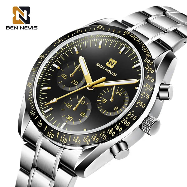 BEN NEVIS Men's Quartz Watches Black Gold Sub Dial Silver Stainless Steel Chronograph Relogios Masculinos De Luxo Original