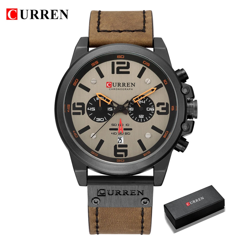 CURREN-Relógio de quartzo de couro genuíno impermeável masculino, relógio de pulso, cronógrafo, militar, esporte, marca de luxo