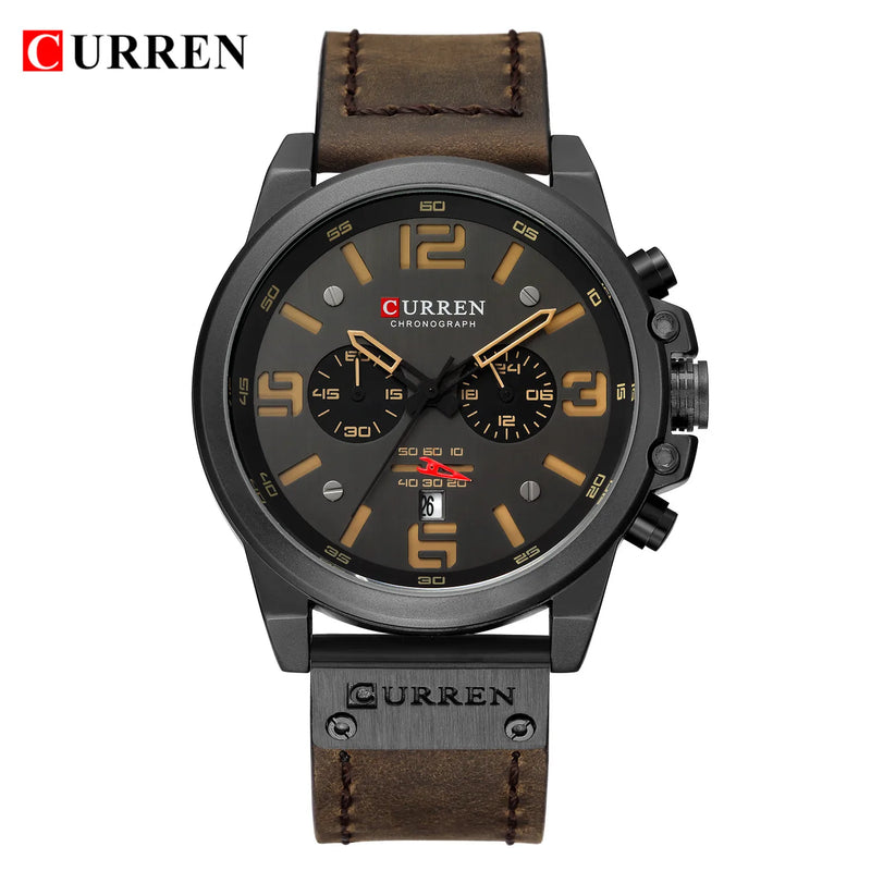 CURREN-Relógio de quartzo de couro genuíno impermeável masculino, relógio de pulso, cronógrafo, militar, esporte, marca de luxo