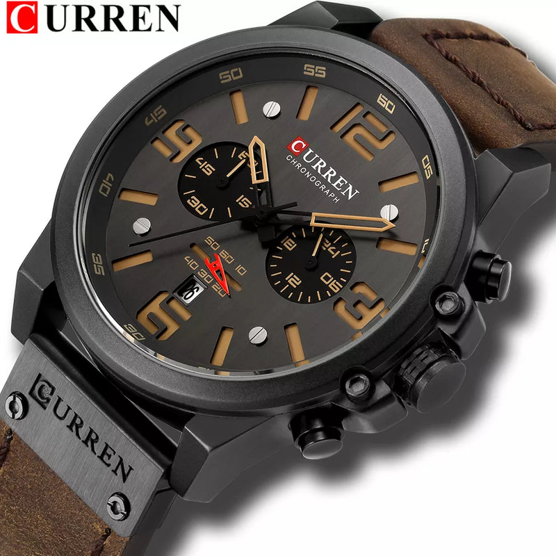 CURREN-Relógio de quartzo de couro genuíno impermeável masculino, relógio de pulso, cronógrafo, militar, esporte, marca de luxo