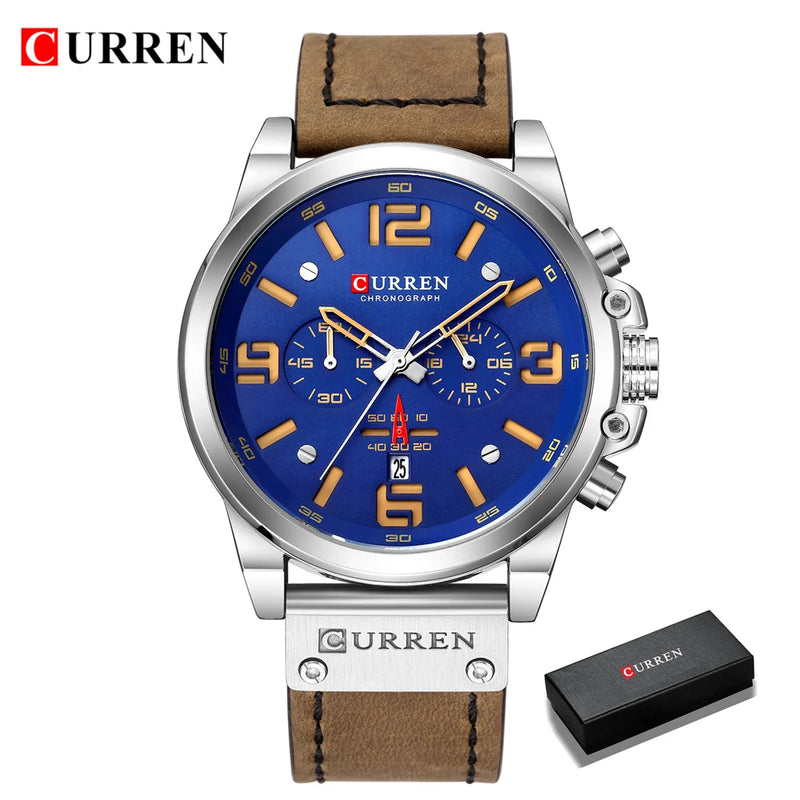 CURREN-Relógio de quartzo de couro genuíno impermeável masculino, relógio de pulso, cronógrafo, militar, esporte, marca de luxo