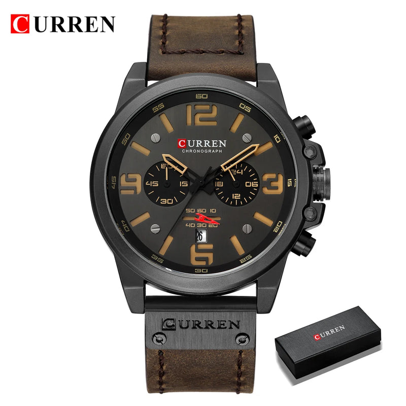 CURREN-Relógio de quartzo de couro genuíno impermeável masculino, relógio de pulso, cronógrafo, militar, esporte, marca de luxo