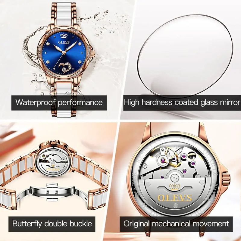 New Fashion OLEVS Luxury Brand Women Mechanical Watch Ceramics Watch Strap Automatic Mechanical Watches for Women Gift for Women