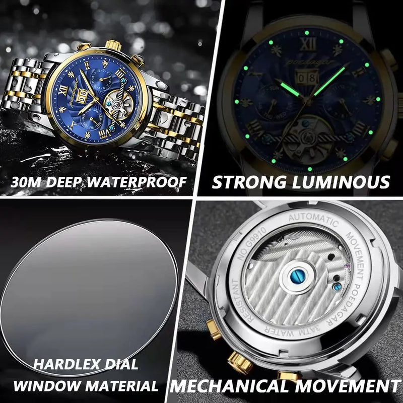 POEDAGAR Automatic Mechanical Tourbillon Business Wristwatch Luxury Hollow Waterproof Stainless Steel Men Watches Relojes Hombre