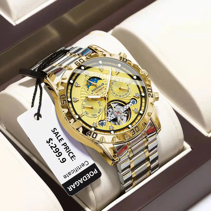 POEDAGAR Luxury Automatic Mechanical Watch Tourbillon Waterproof Luminous Date Week Men Wristwatch Stainless Steel Men's Watches