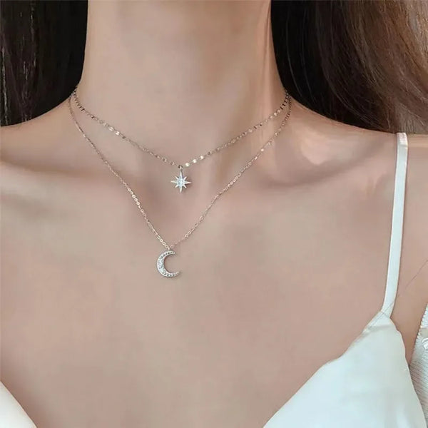 2024 Simple Double Layer Star Moon Charm  Multilayered Necklace Delicate Clavicle Chain Zircon For Women Fashion Jewelry