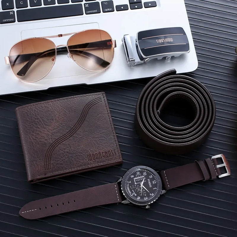 4pcs Men Fathers Day Gift Box Creative Watch Aautomatic Buckle Belt Purse Sunglasses Creative Holiday Birthday Company Prize Set