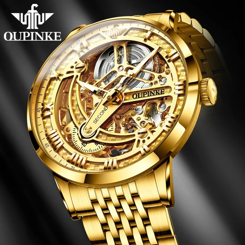 OUPINKE 3173 Luxury Gold Mechanical Watch For Men Hollow Top Brand Original Automatic Wristwatch 50M Waterproof Luminous Watches