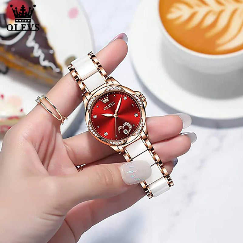 OLEVS Original Top Automatic Watch for Women Elegant Ceramic Watchband Diamond Heart Design Waterproof Mechanical Wrist Watches