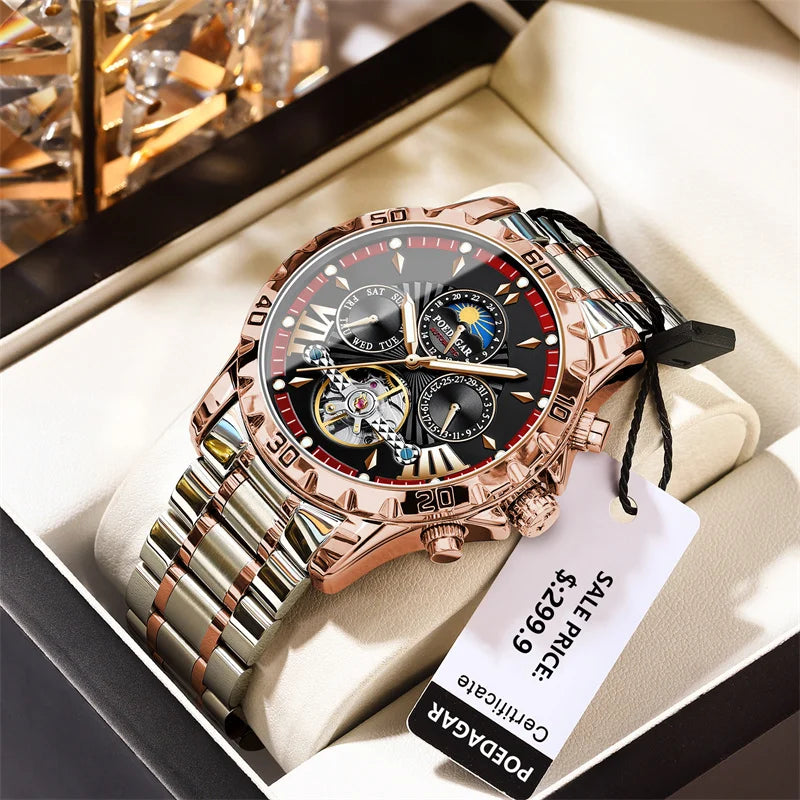 POEDAGAR Brand Luxury Tourbillon Mechanical Watch for Men Waterproof Luminous Date Week Stainless Steel Hollow Watches Men's