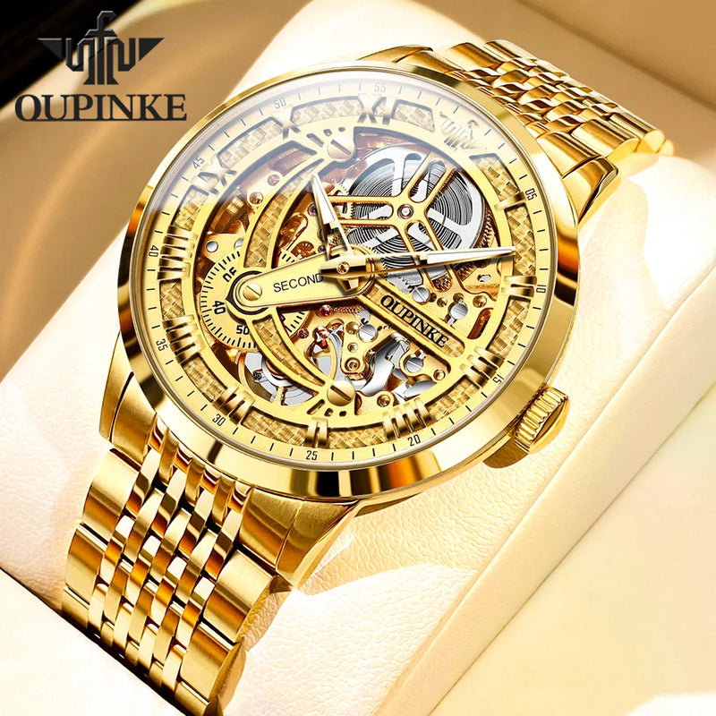 OUPINKE 3173 Luxury Gold Mechanical Watch For Men Hollow Top Brand Original Automatic Wristwatch 50M Waterproof Luminous Watches