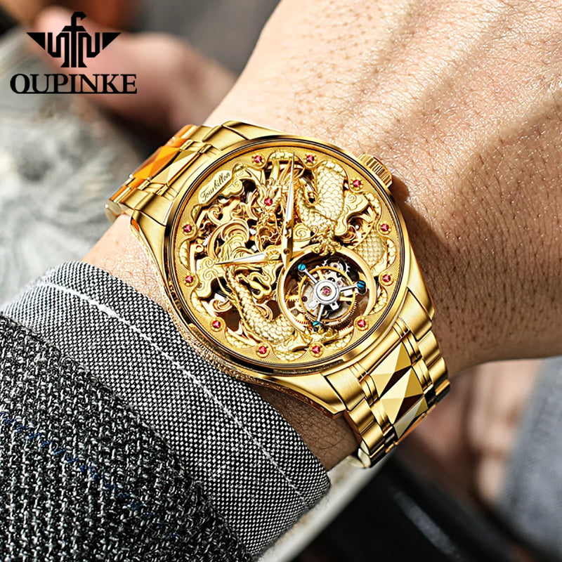 OUPINKE 3176 Top Brand Tourbillon Dragon Watch For Men Sapphire Mirror Luxury Mechanical Wristwatch Hollow Waterproof Watches