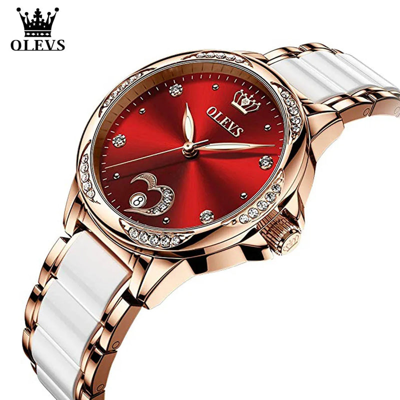 OLEVS Original Top Automatic Watch for Women Elegant Ceramic Watchband Diamond Heart Design Waterproof Mechanical Wrist Watches