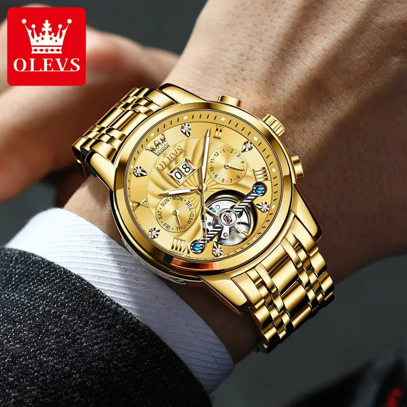 OLEVS Mens Watch Automatic Mechanical Tourbillon Slef-Wind Luxury Stainless Steel Strap Waterproof Luminous Date Wrist Watch