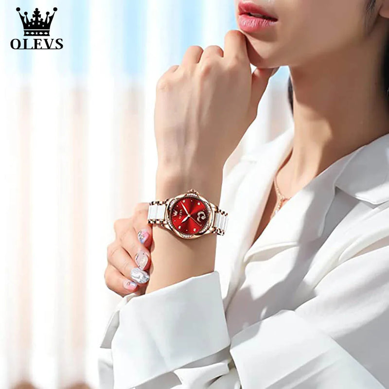 OLEVS Original Top Automatic Watch for Women Elegant Ceramic Watchband Diamond Heart Design Waterproof Mechanical Wrist Watches