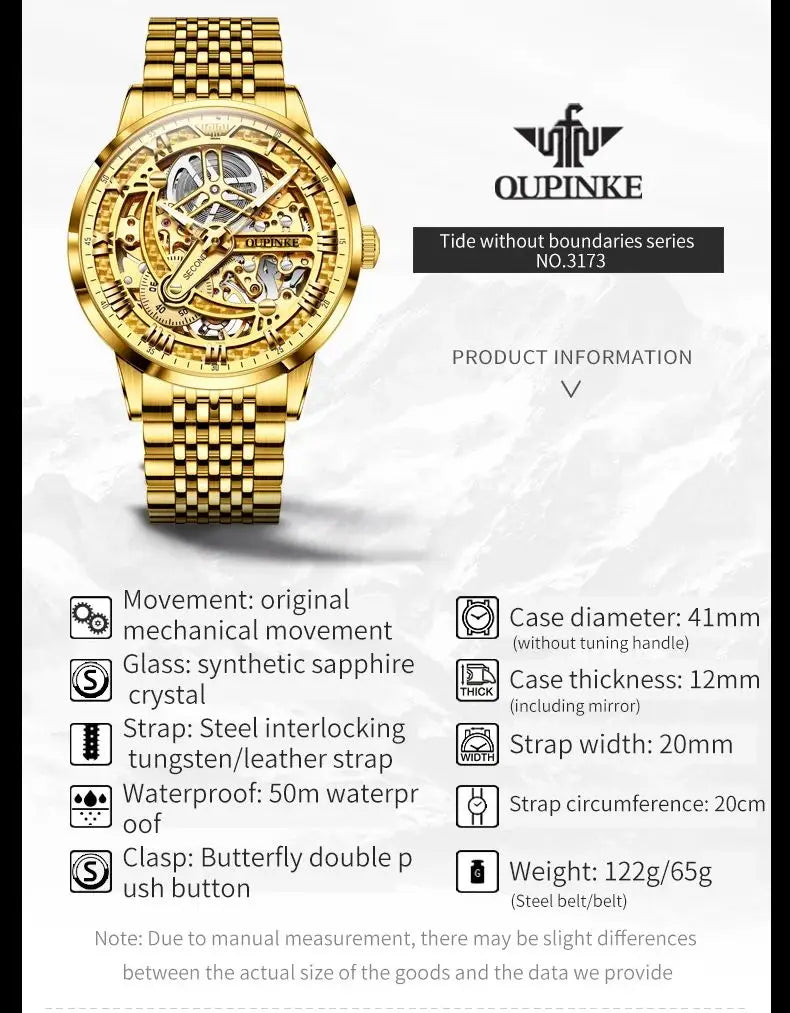 OUPINKE 3173 Luxury Gold Mechanical Watch For Men Hollow Top Brand Original Automatic Wristwatch 50M Waterproof Luminous Watches