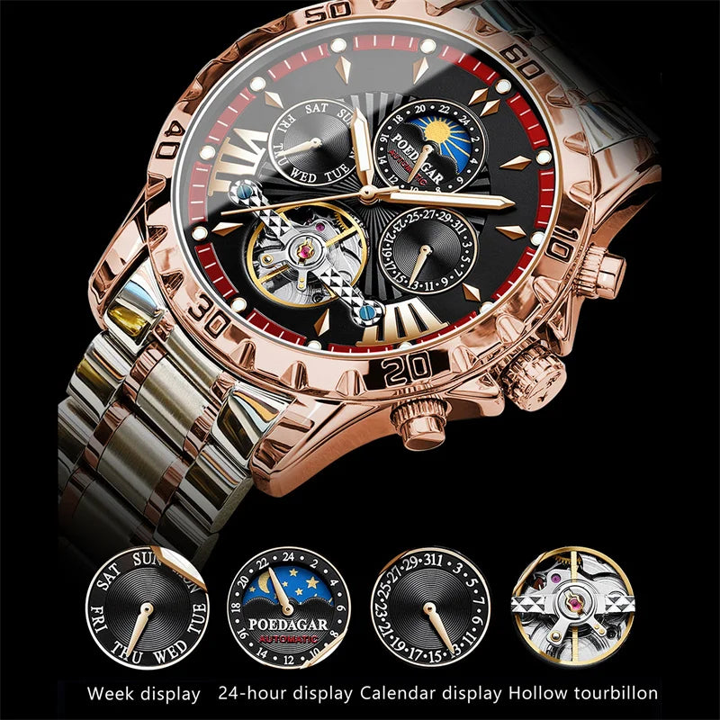 POEDAGAR Brand Luxury Tourbillon Mechanical Watch for Men Waterproof Luminous Date Week Stainless Steel Hollow Watches Men's