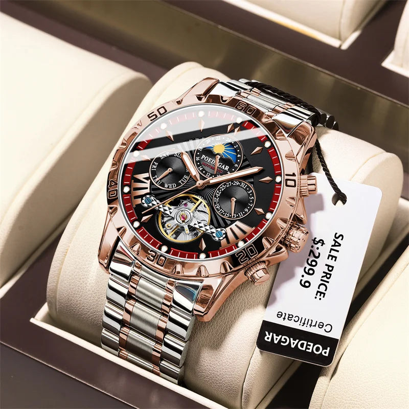 POEDAGAR Brand Luxury Tourbillon Mechanical Watch for Men Waterproof Luminous Date Week Stainless Steel Hollow Watches Men's