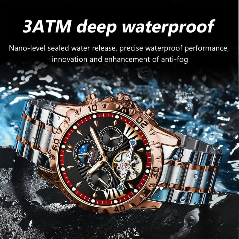 POEDAGAR Brand Luxury Tourbillon Mechanical Watch for Men Waterproof Luminous Date Week Stainless Steel Hollow Watches Men's