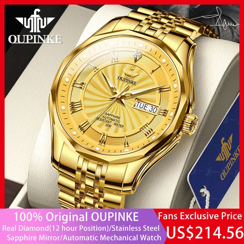 OUPINKE Real Diamond Automatic Mechanical Watch for Men Swiss Top Brand Luxury Sapphire Crystal Mirror Waterproof Gold Watches