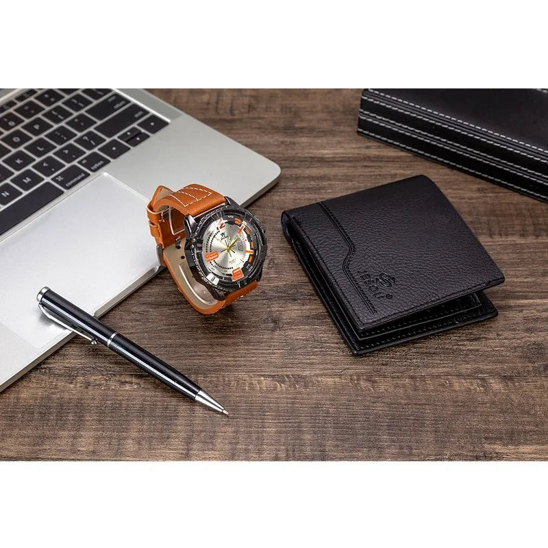 New 3Pcs/Set Luxury Mens Watches Set Gift Box Quartz Watch for Men Fashion Wristwatch Pen Wallet Set Xmas Best Gifts Male Clock