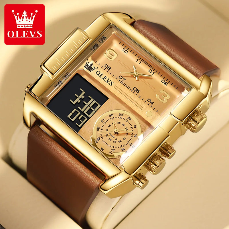 OLEVS Original Men's Smart Electronic Watches Leather Strap Waterproof Digital Watch 51*47mm Big Dial Wristwatch Sports Clock