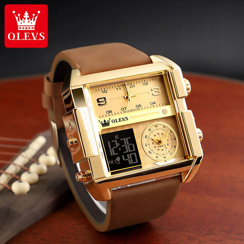 OLEVS Original Men's Smart Electronic Watches Leather Strap Waterproof Digital Watch 51*47mm Big Dial Wristwatch Sports Clock