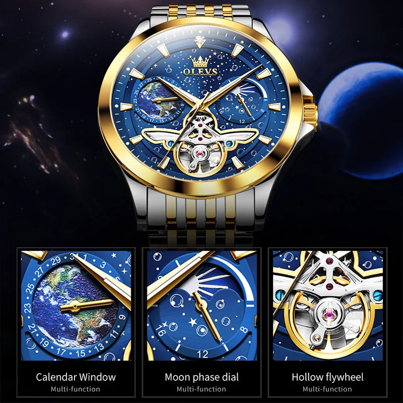 OLEVS 6705 Luxury Man Watch 2024 New Skeleton Flywheel Moon Phase Starry Sky Original Automatic Mechanical Wrist Watches for Men