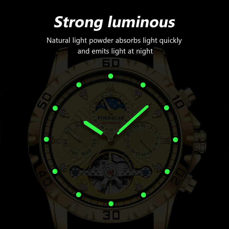 POEDAGAR Luxury Automatic Mechanical Watch Tourbillon Waterproof Luminous Date Week Men Wristwatch Stainless Steel Men's Watches