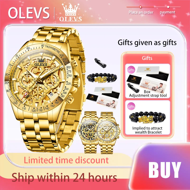 OLEVS Original Brand Quartz Watch for Men Gold Gear Dial Men's Watches Stainless Steel Strap Waterproof Luminous Luxury Watch