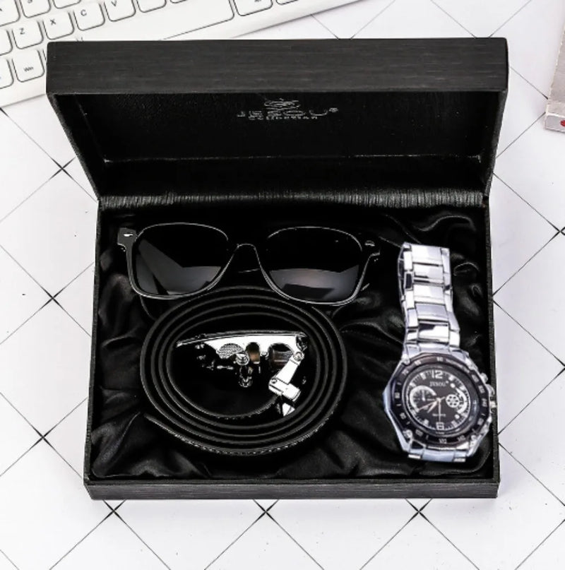 3Pcs/Set Fashion Mens Watches Set Gifts Box Luxury Watch for Men Best Gifts Mens Glasses Belt Wristwatch Set with Box Male Clock