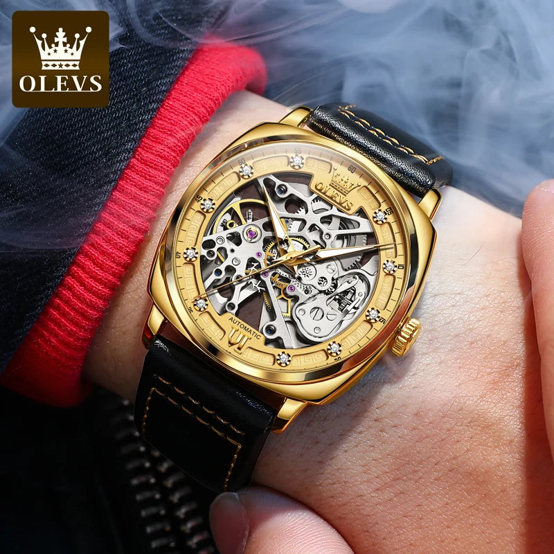 OLEVS Automatic Watches for Men Skeleton Self Winding Watches with Black Leather Band Luxury Luminous Water Proof Wrist Watch