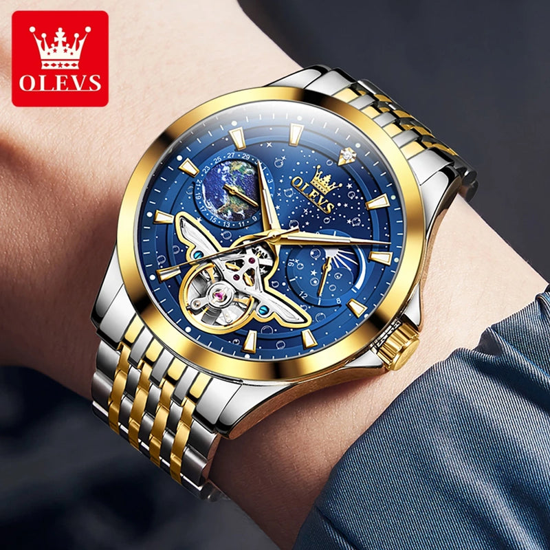 OLEVS 6705 Luxury Man Watch 2024 New Skeleton Flywheel Moon Phase Starry Sky Original Automatic Mechanical Wrist Watches for Men