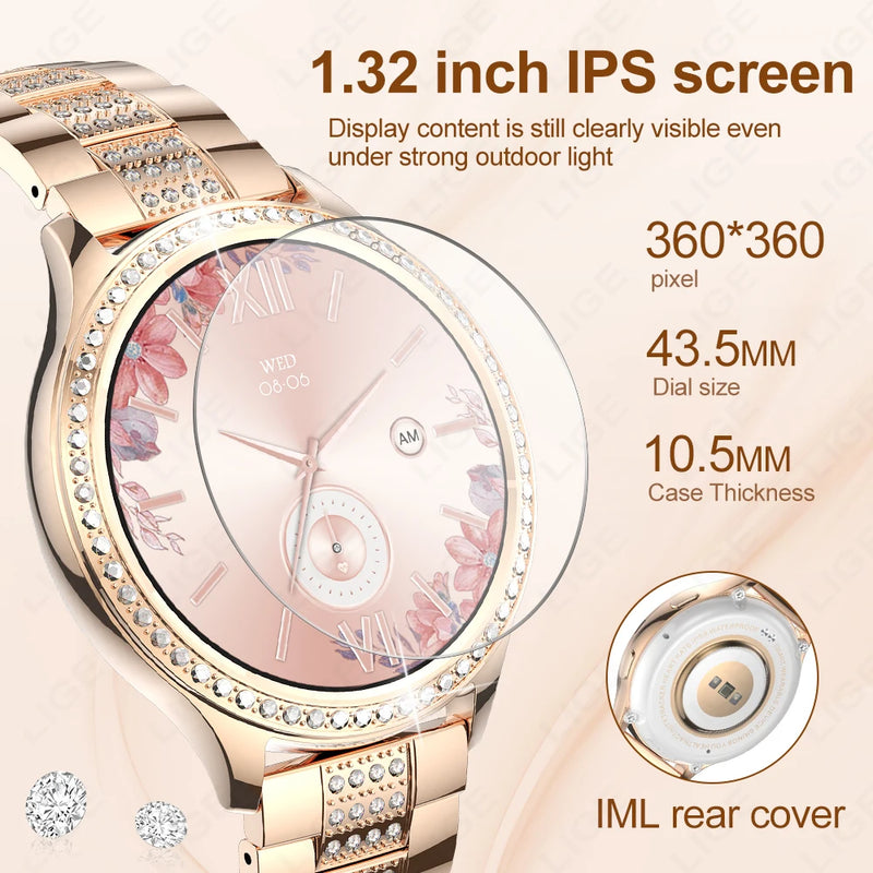 LIGE 1.32 inch Women Smart Watch Bluetooth Call AI Voice Assistant Women's Watches Custom Watch Face Health Monitor Smartwatches