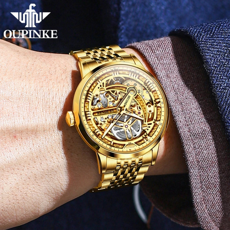 OUPINKE 3173 Luxury Gold Mechanical Watch For Men Hollow Top Brand Original Automatic Wristwatch 50M Waterproof Luminous Watches