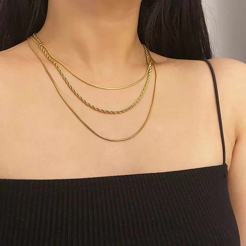 18K Gold Plated Titanium steel Chain Necklace for Women Herringbone Choker Layering Chunky Snake Stack Necklaces for Women Girls