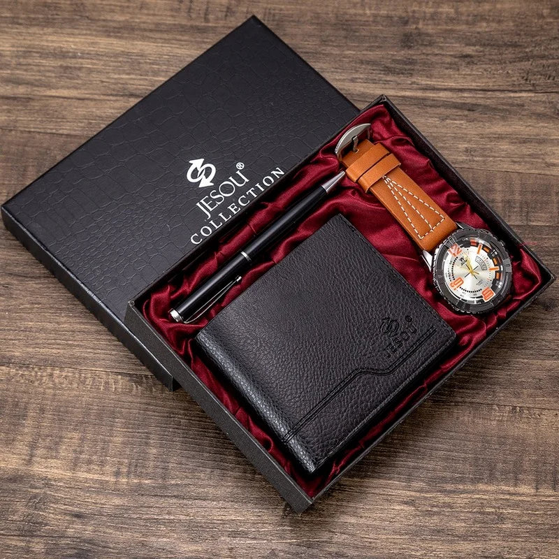 New 3Pcs/Set Luxury Mens Watches Set Gift Box Quartz Watch for Men Fashion Wristwatch Pen Wallet Set Xmas Best Gifts Male Clock