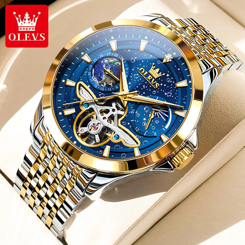 OLEVS 6705 Luxury Man Watch 2024 New Skeleton Flywheel Moon Phase Starry Sky Original Automatic Mechanical Wrist Watches for Men