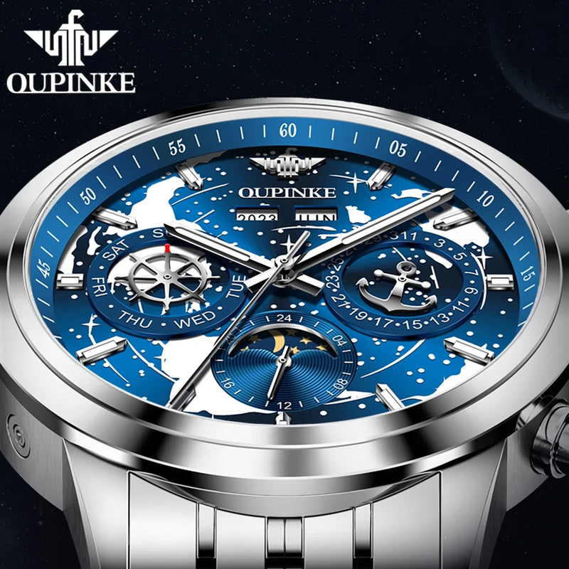 OUPINKE 3256 Men Watch High Quality Waterproof Automatic Mechanical Watch Luxury Brand Starry Sky Moon Phase Business Men Watch