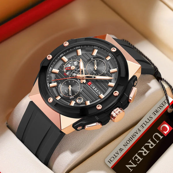 CURREN 8462 Top Luxury Quartz Men's Watch Silicone Strap Multifunctional Timing Code Classic Luminous Waterproof Men's Watch