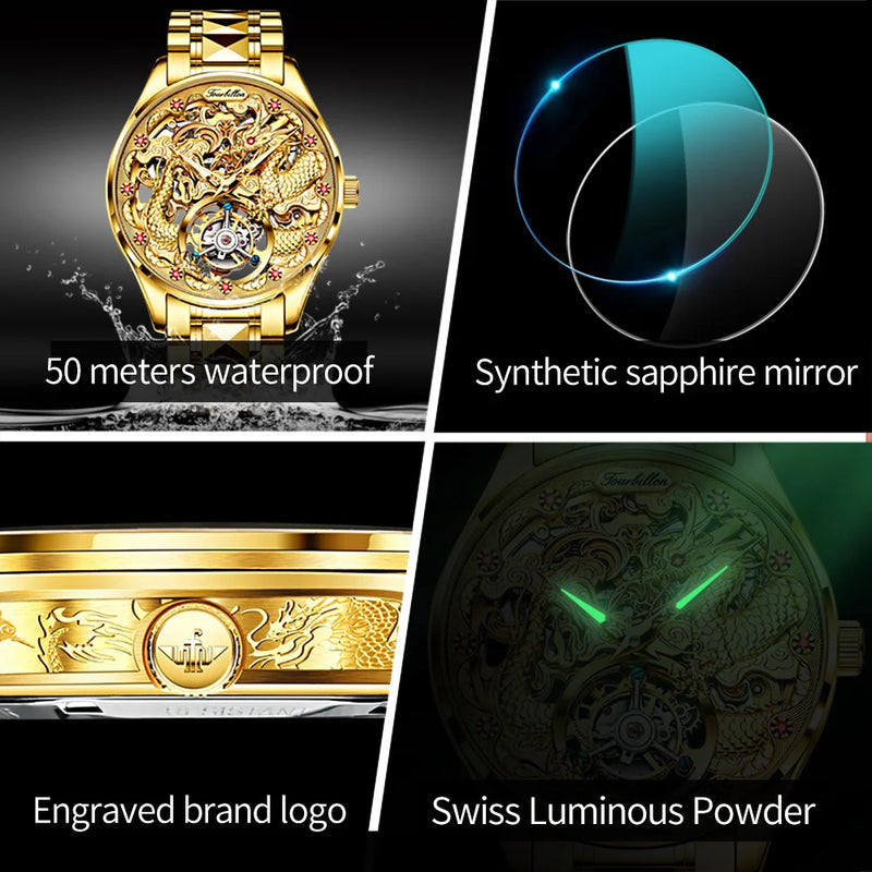 OUPINKE 3176 Top Brand Tourbillon Dragon Watch For Men Sapphire Mirror Luxury Mechanical Wristwatch Hollow Waterproof Watches