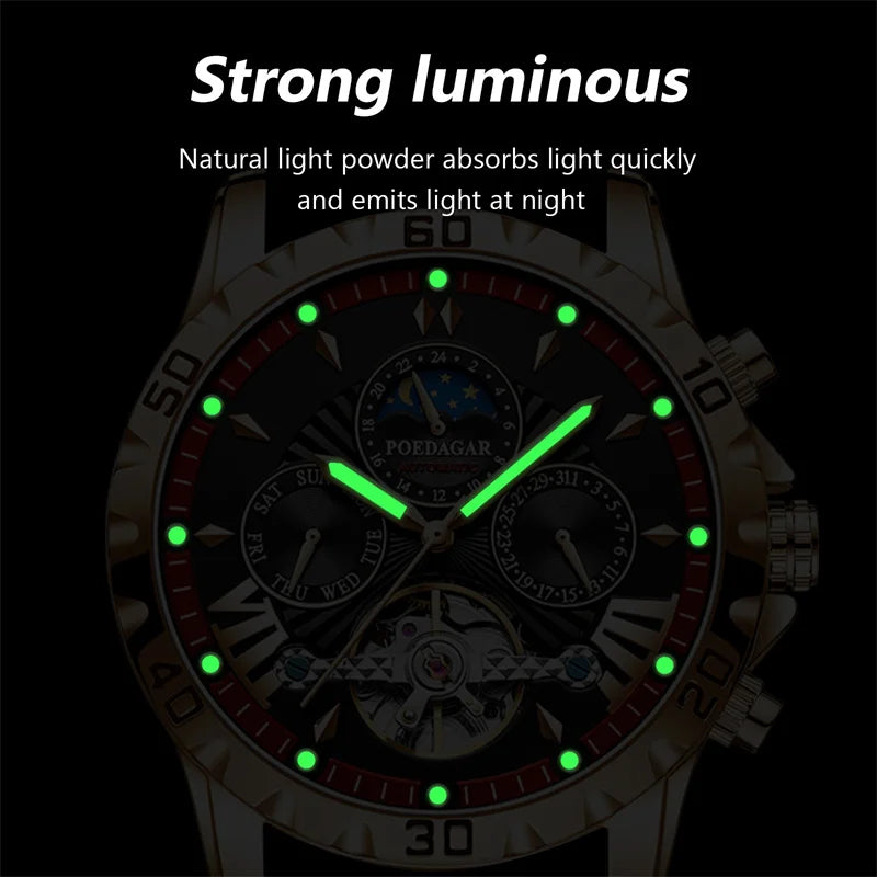 POEDAGAR Brand Luxury Tourbillon Mechanical Watch for Men Waterproof Luminous Date Week Stainless Steel Hollow Watches Men's