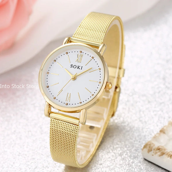 2024 New Fashion Women Gold Luxury Casual Quartz Watch Metal Mesh Stainless Steel Watches Relogio Feminino Ladies Wrist Watches