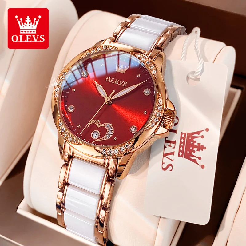 OLEVS Original Top Automatic Watch for Women Elegant Ceramic Watchband Diamond Heart Design Waterproof Mechanical Wrist Watches