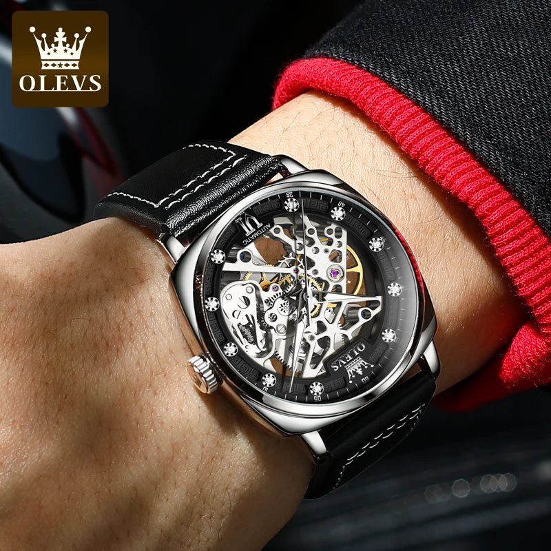 OLEVS Automatic Watches for Men Skeleton Self Winding Watches with Black Leather Band Luxury Luminous Water Proof Wrist Watch