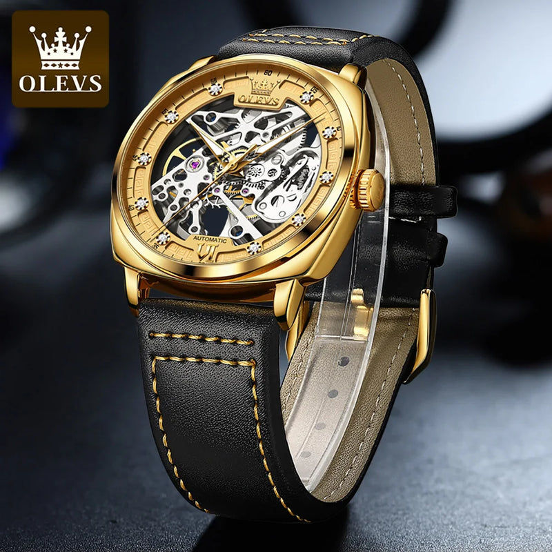 OLEVS Automatic Watches for Men Skeleton Self Winding Watches with Black Leather Band Luxury Luminous Water Proof Wrist Watch